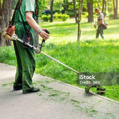 Worker mowing tall grass with electric or petrol lawn trimmer in city park or backyard. Gardening care tools and equipment. Process of lawn trimming with hand mower.