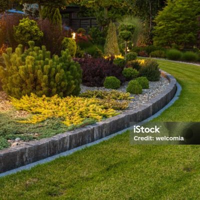 Professionally Landscaped Backyard Garden with Evenly Mowed Lawn and Trimmed Shrubs Illuminated with Outdoor Bollard Lamps.